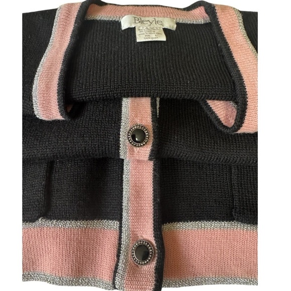 Vintage couture BLEYLE Merino wool cardigan black pink metallic silver large - Picture 14 of 15